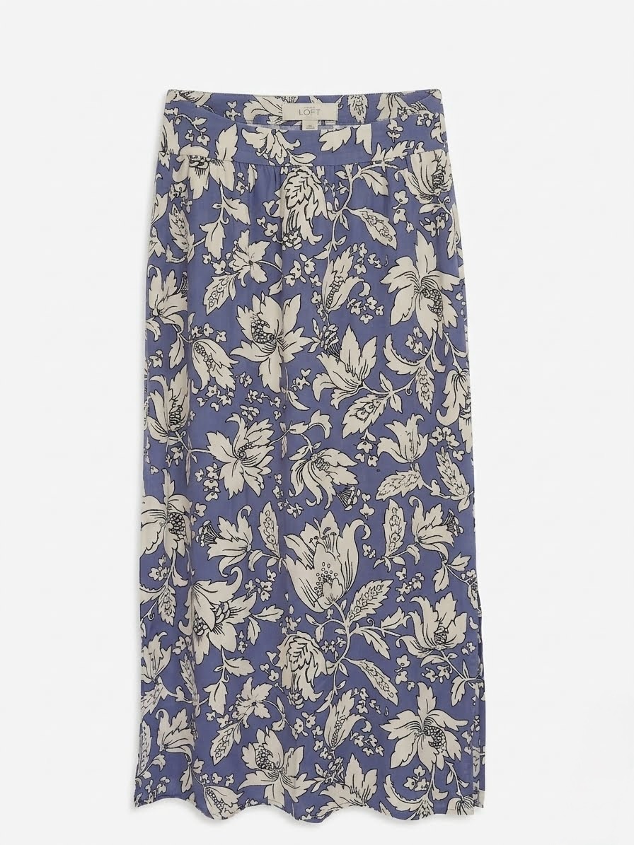 Loft Blue Floral Botanical Midi Column Skirt Side Slits Size Sp Petite
